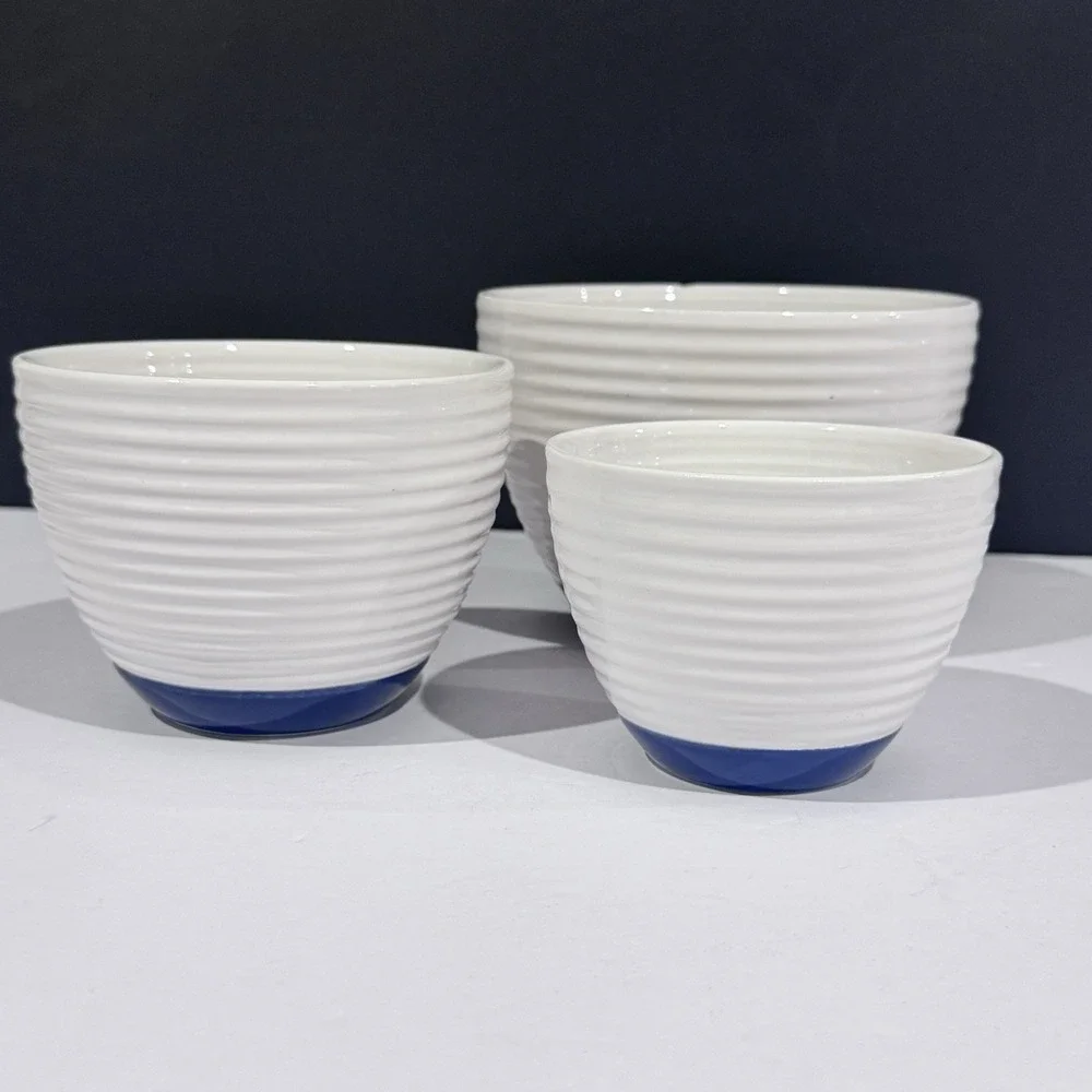 (3) Oxford & Thyme Ribbed Nesting Bowls Classic White & Blue Design GUC SEE PICS